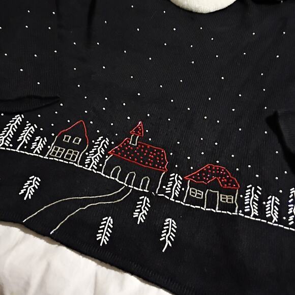 Christmas Sweater XL Black BEADED Holiday Scene Faux Fur Neck Mini-Ribbed Knit - Picture 3 of 10